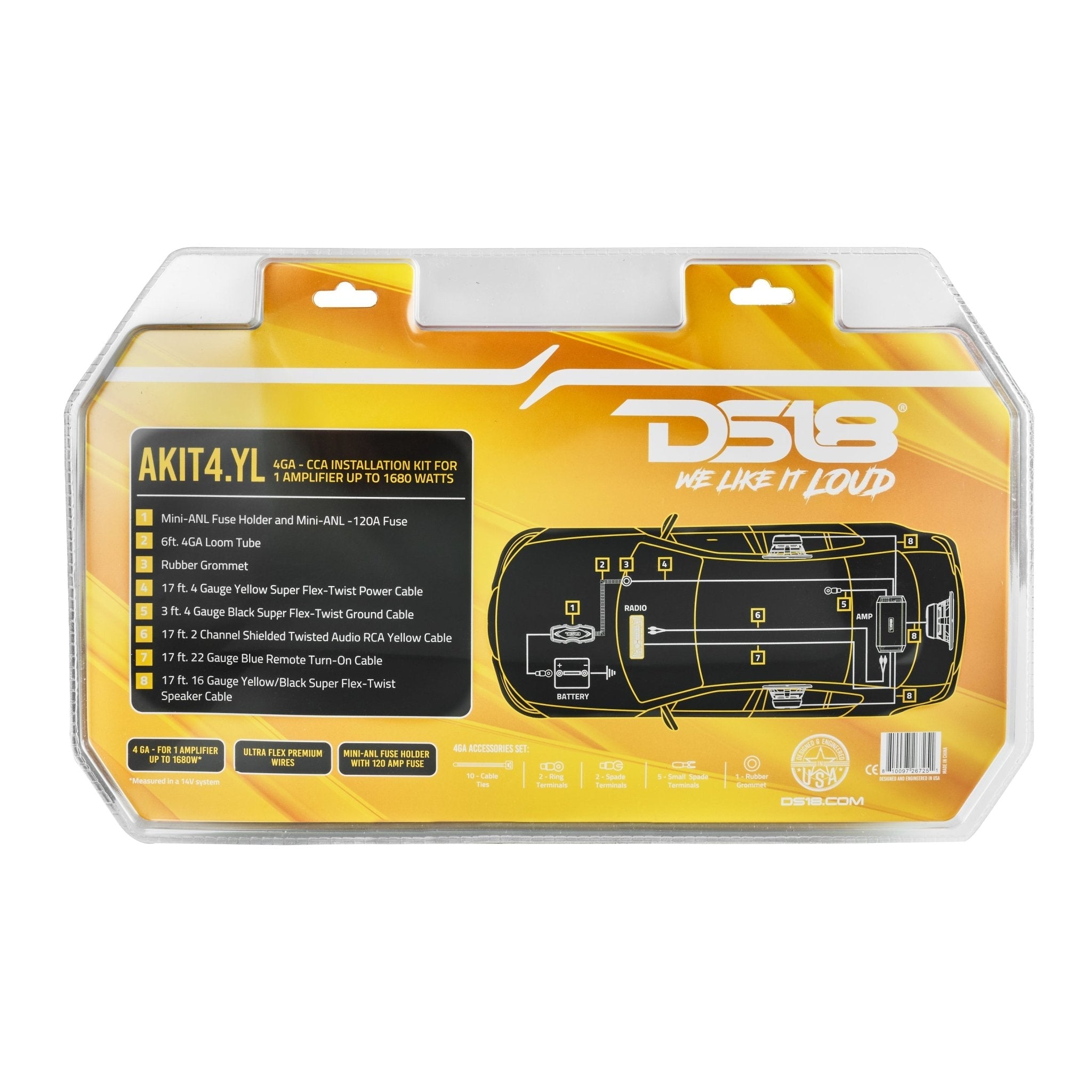 4-GA Amplifier Installation Wiring Kit - Yellow