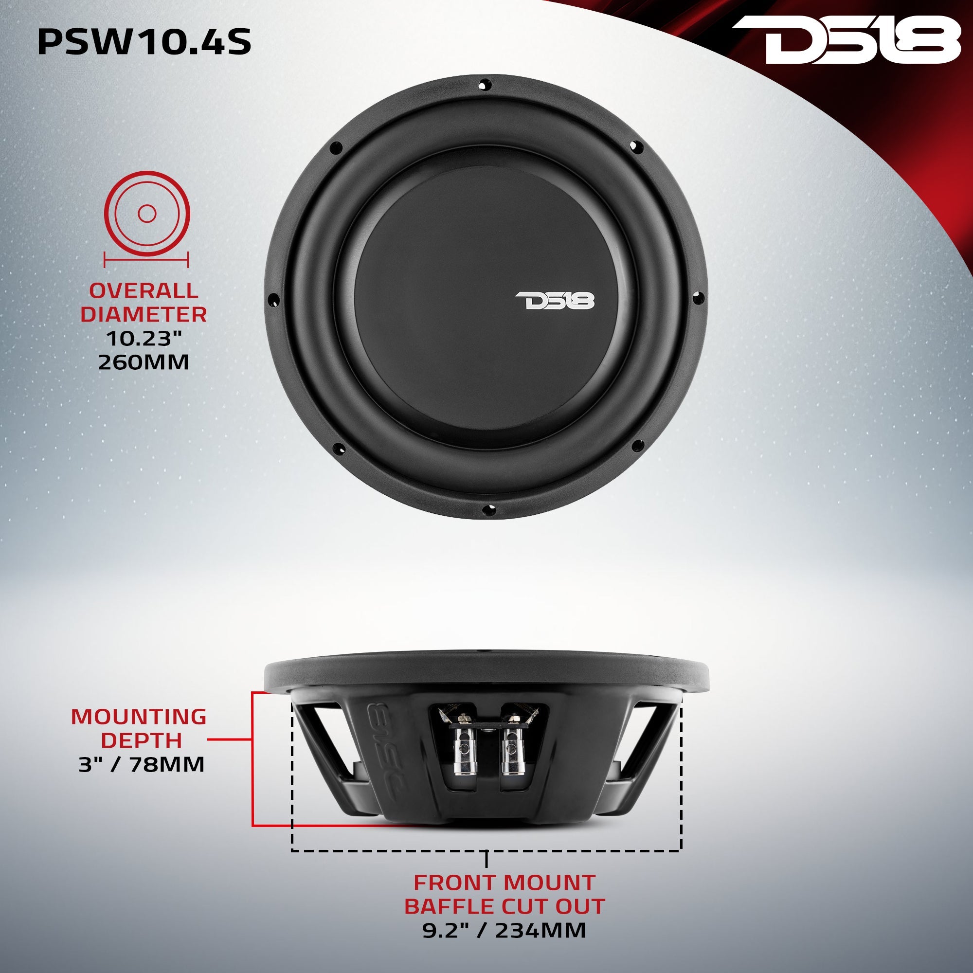 PS Shallow-Mount Water Resistant 10" Subwoofer | 500W RMS Single Voice Coil 4-Ohm